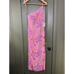 NWT Saylor Isa Floral Sequin Sparkle One Shoulder Midi Dress Pink Multi Small